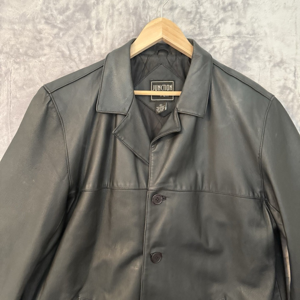 Junction West Leather Jacket Mens Size L Black Long Coat Outdoor Button Classic - Picture 3 of 10